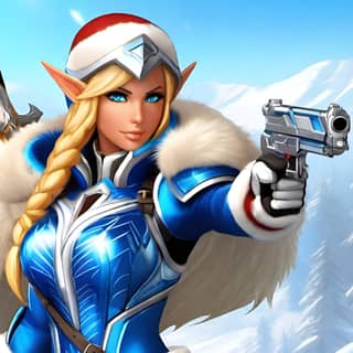 a female elf in a blue outfit holding a gun