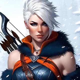 with white hair and an arrow in her hand