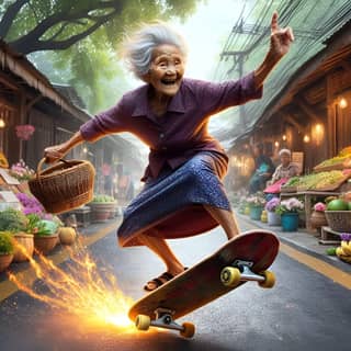 an elderly woman riding a skateboard in the middle of a street