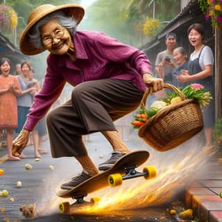 an elderly woman riding a skateboard in the street