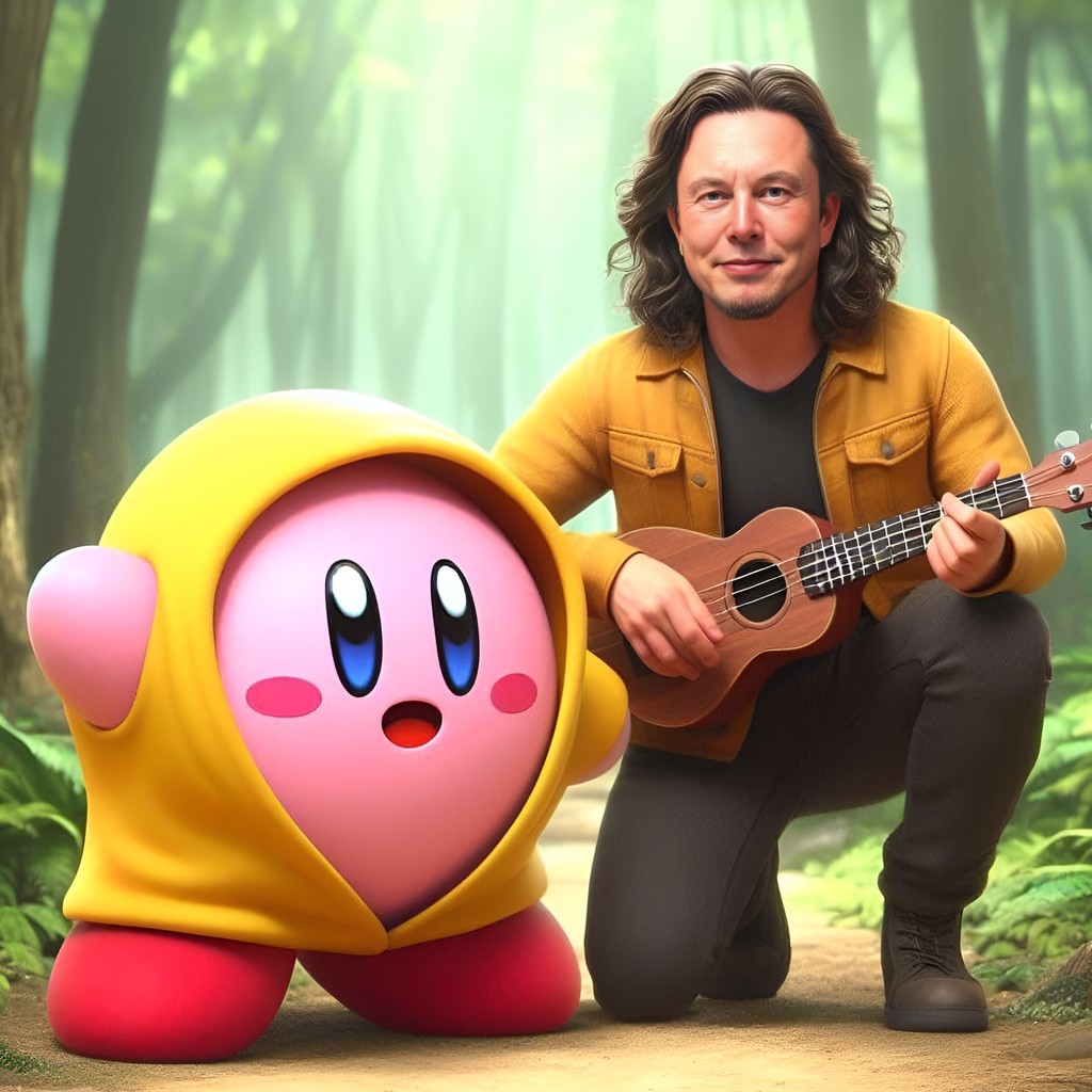 with a guitar and a pink kirby