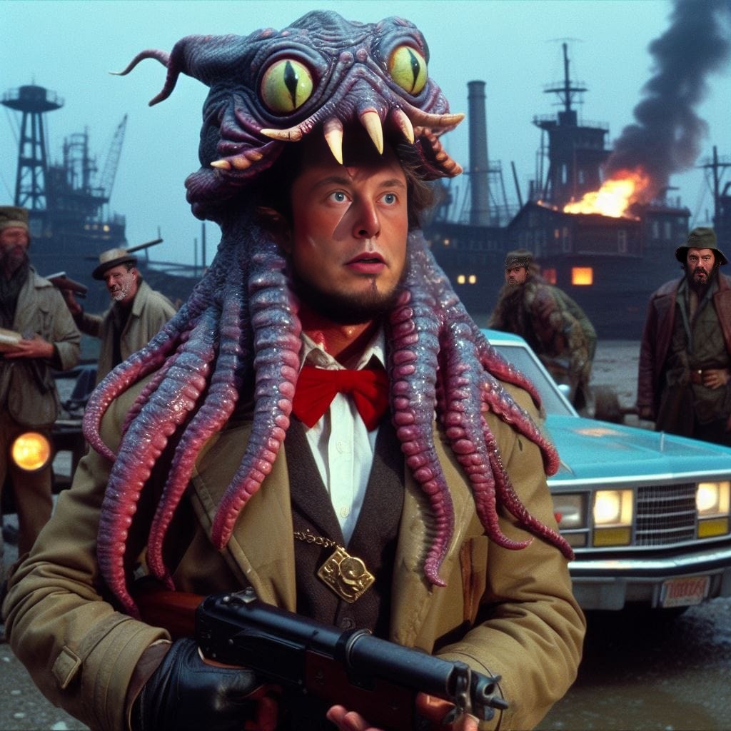 in a suit holding a gun and an octopus head