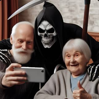 an elderly couple taking a selfie with a grim reaper