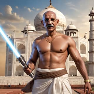 an indian man with a light saber in front of the taj mahal