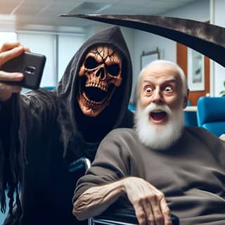 an old man in a wheelchair taking a selfie with a grim reaper