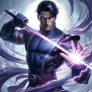 a male superhero with purple hair and purple lightning