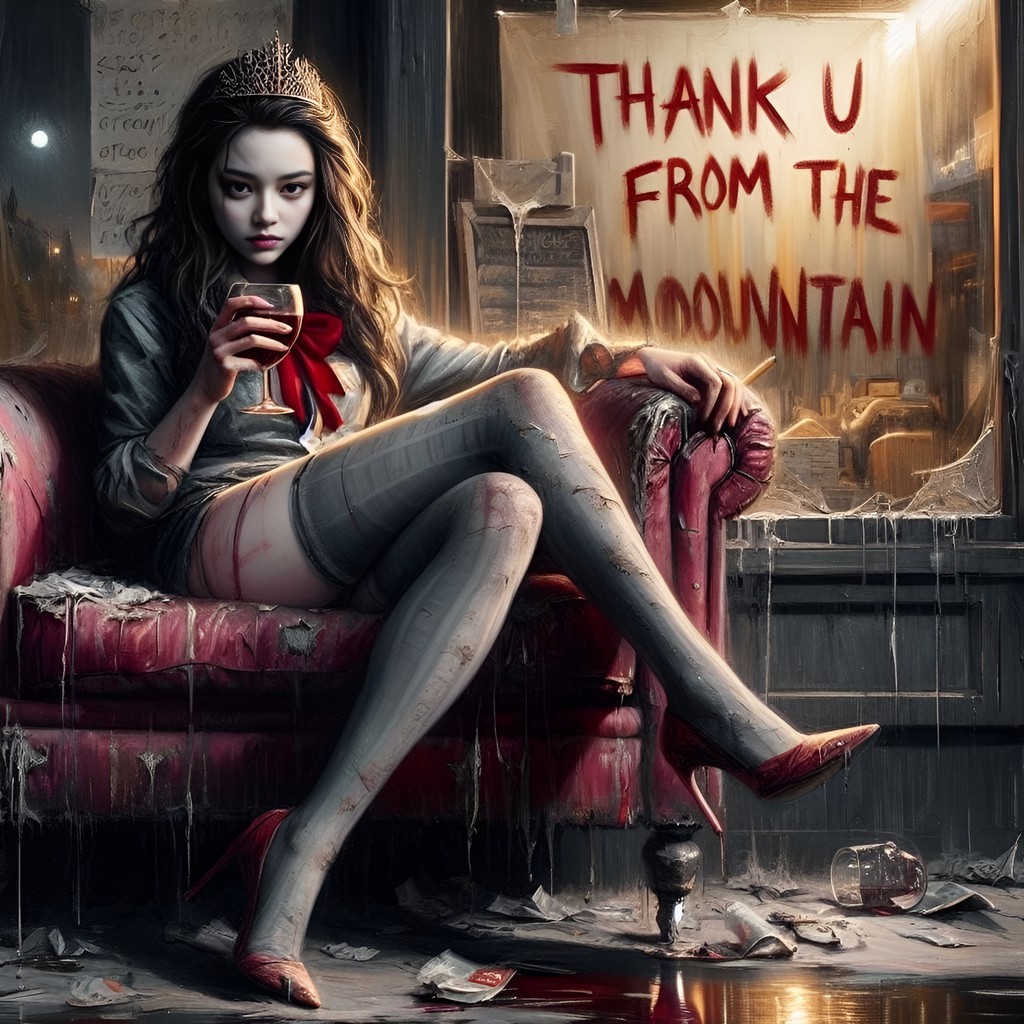 in a red dress sitting on a couch with a thank you from the mountain