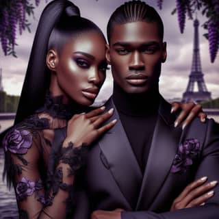 an african couple in a black suit and purple flowers