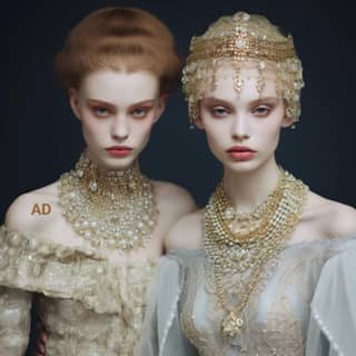 Deux femmes ornées de bijoux et de diadèmes.