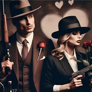 woman in hats and suits holding guns and roses