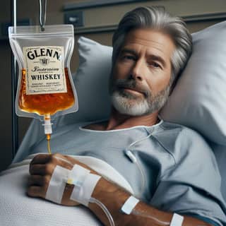 in a hospital bed holding a bottle of whiskey