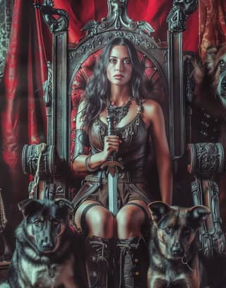 in armor sits on a throne with two dogs