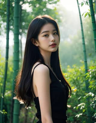 in a black dress standing in front of bamboo trees