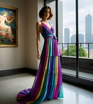 in a colorful dress standing in front of a window