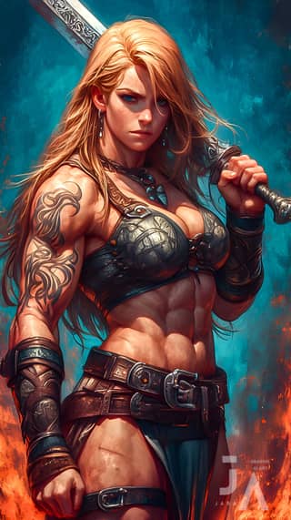 a female warrior with a sword and a tattooed body