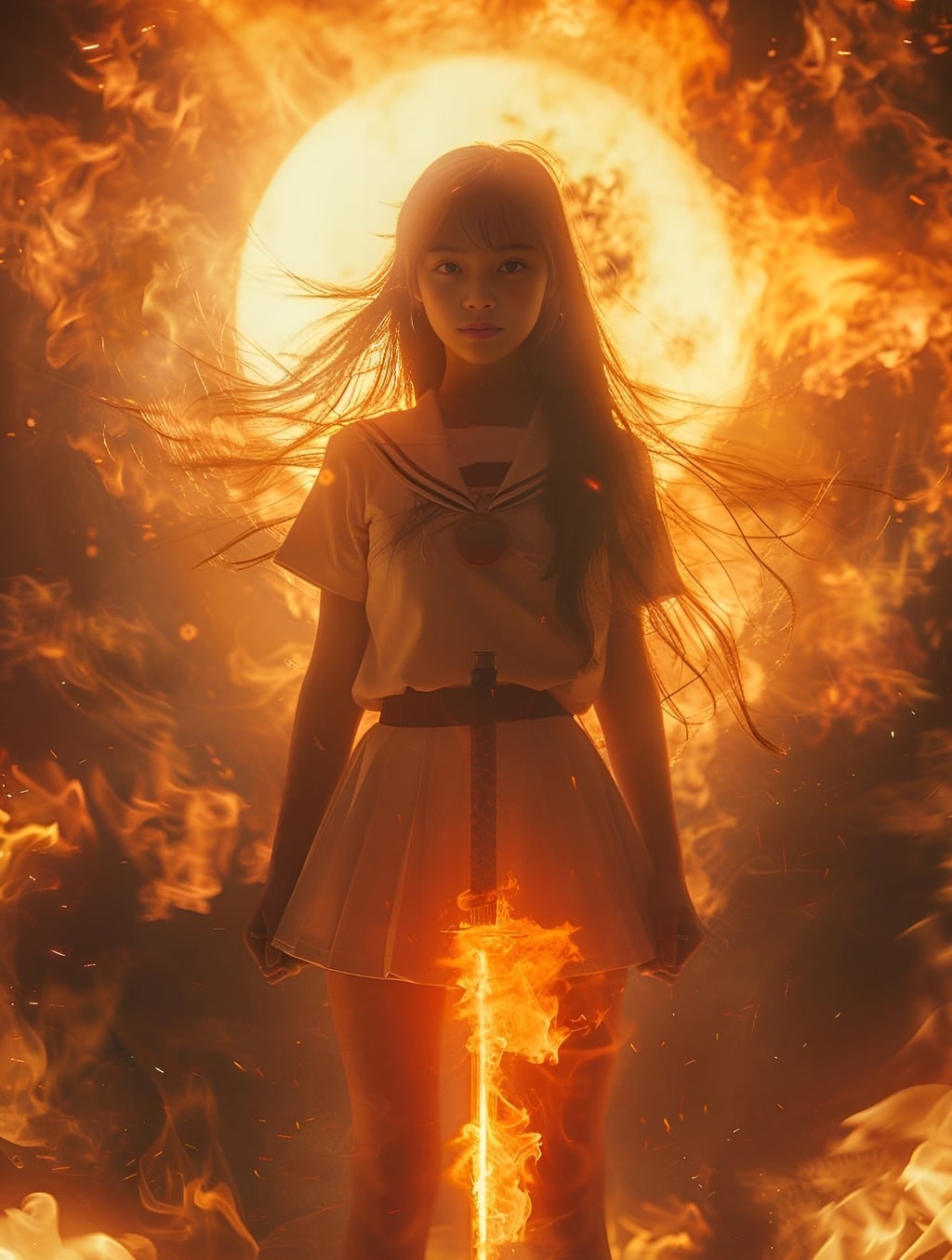 a girl in a white dress standing in front of a fire