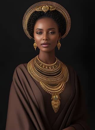 an african woman wearing a traditional dress and gold jewelry