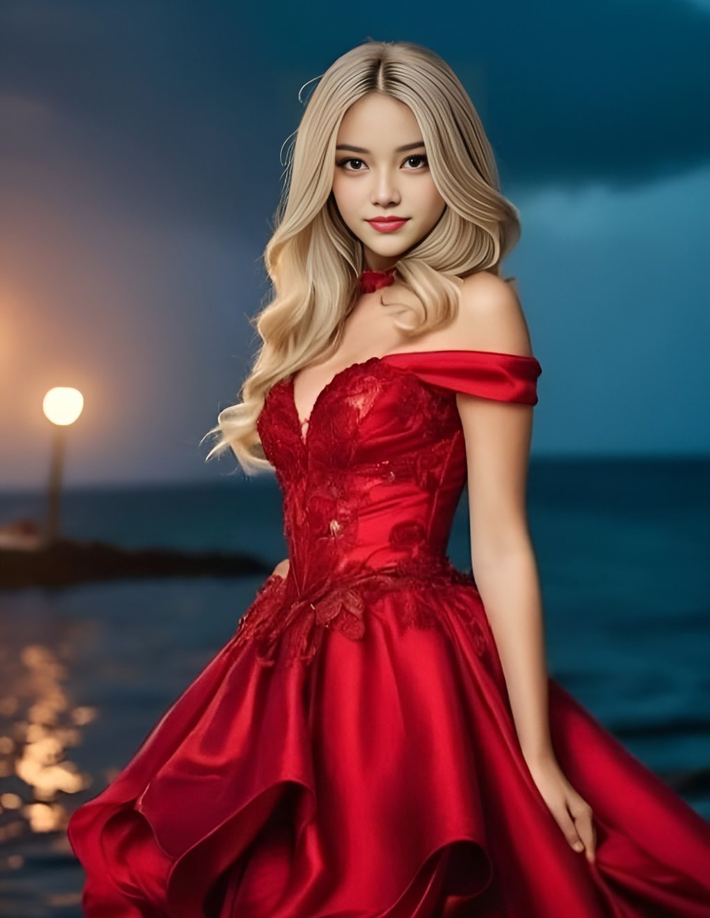 blonde woman in a red dress