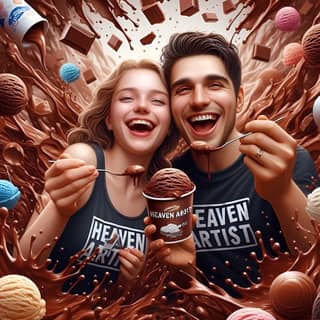 a couple is eating ice cream in front of a chocolate fountain