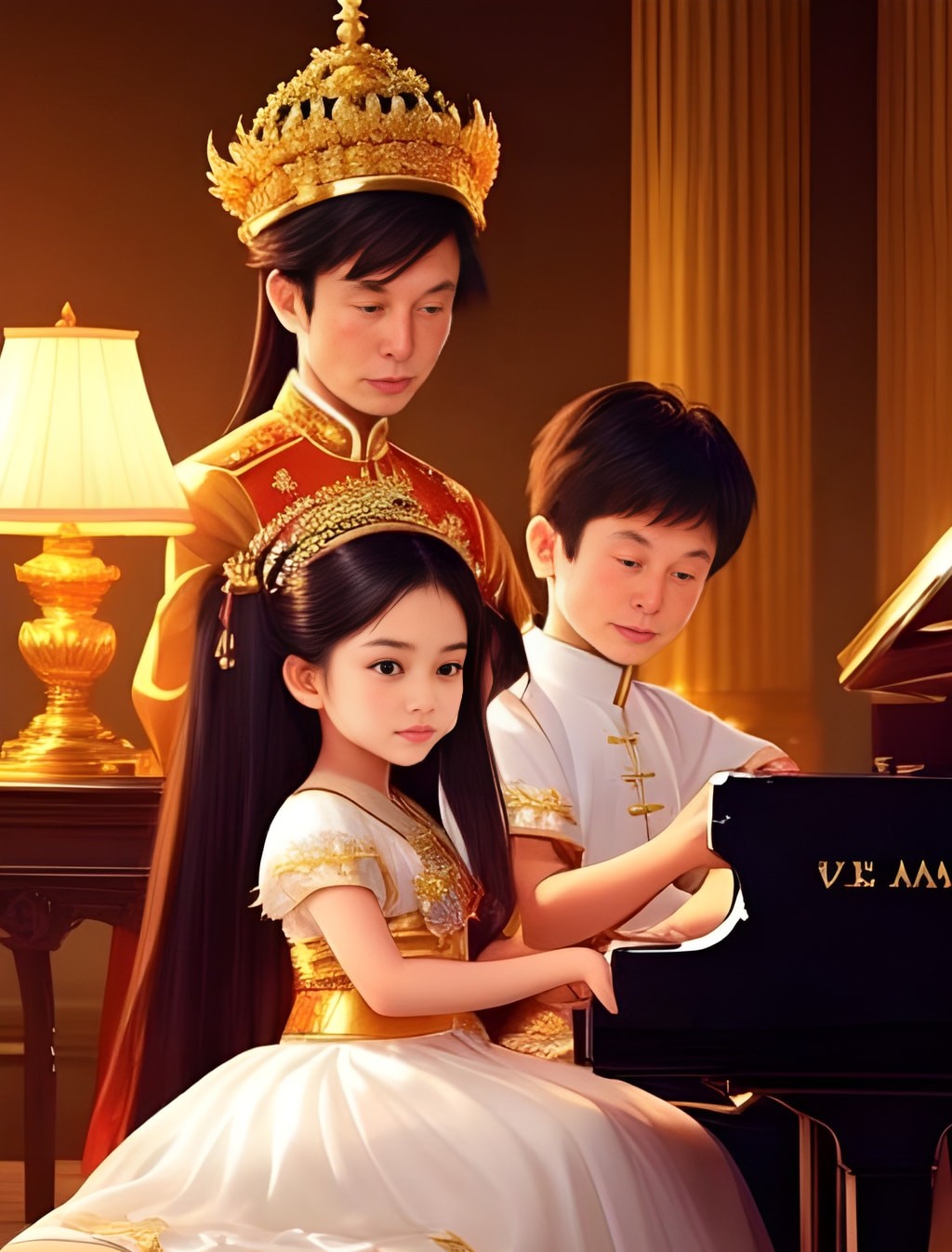 a family of three people playing the piano