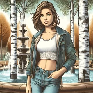 a girl in jeans and a white top standing in front of a fountain