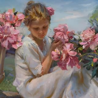 girl sitting in a garden with pink flowers