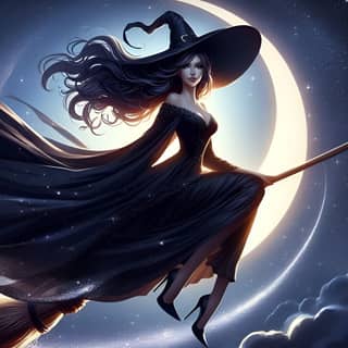 a witch flying over the moon in the night sky