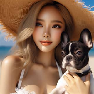 woman in a bikini holding a french bulldog