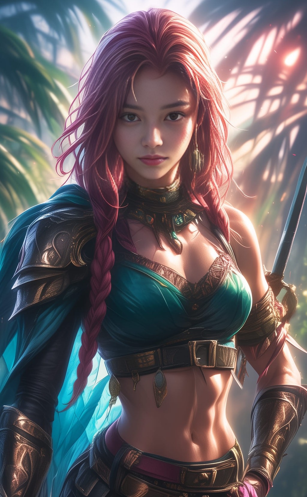 woman with pink hair and a sword