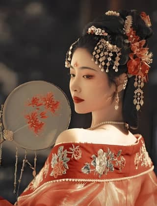 woman in traditional chinese dress holding a mirror