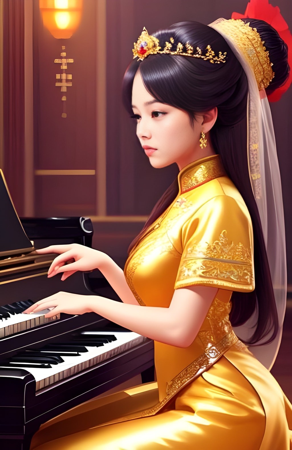 in a yellow dress playing the piano