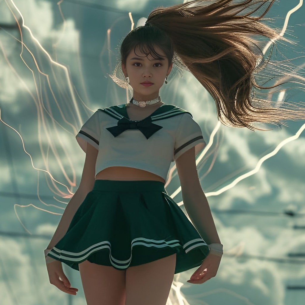 a girl in a skirt and green dress standing in front of a lightning bolt