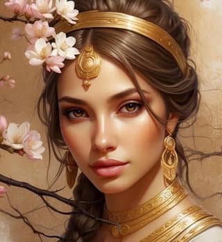 woman with a golden headband and a flower in her hair