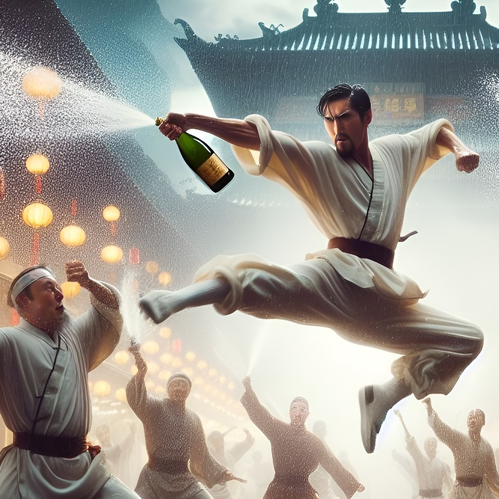 the martial artist is jumping in the air with a bottle of champagne