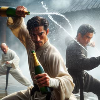 three men in karate outfits are spraying water