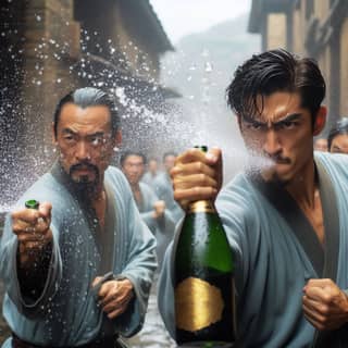 two men in oriental clothing are spraying champagne