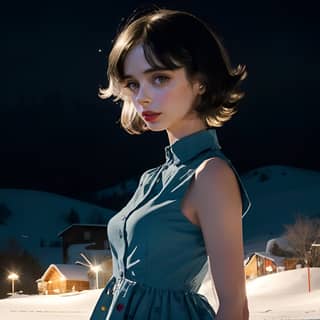 in a blue dress standing in the snow