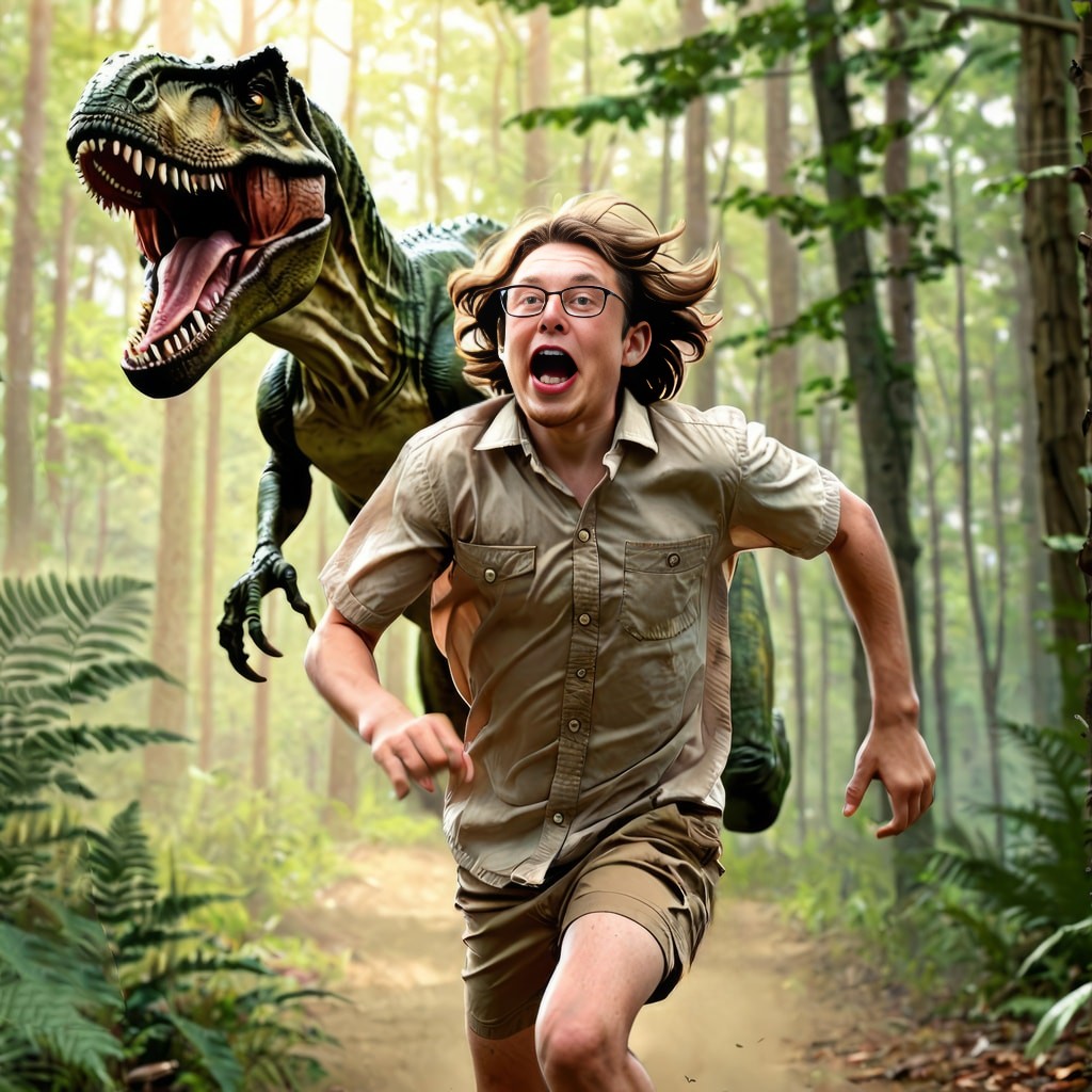 boy running with a dinosaur in the forest