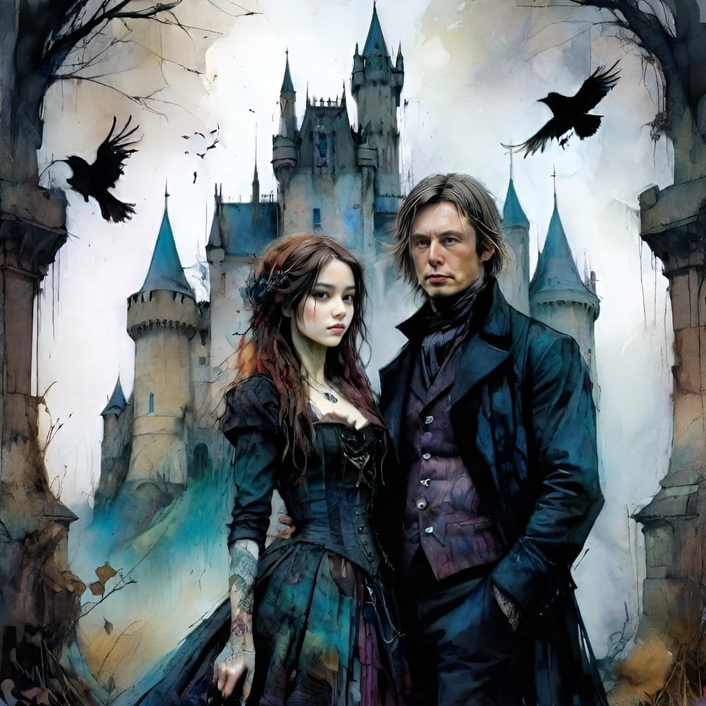 a couple in gothic clothing standing in front of a castle