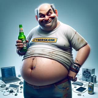a fat man holding a beer and a bottle of beer