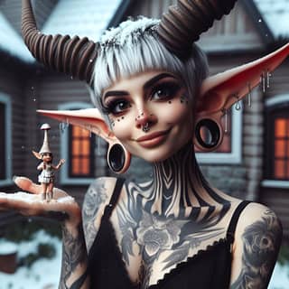 with horns and tattoos holding a doll