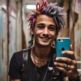 Uma pessoa com cabelo rosa e tatuagens tirando uma selfie.