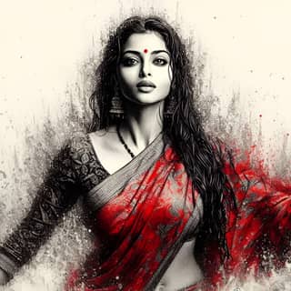 in a red sari standing in water