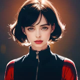 with short hair and a red lipstick