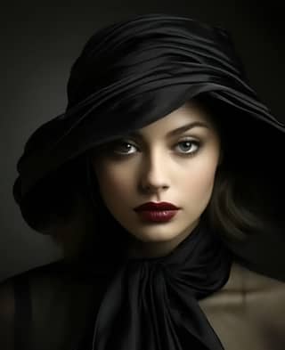 woman in a black hat and red lipstick