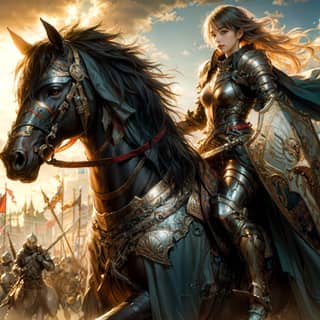 in armor riding on a horse with a shield