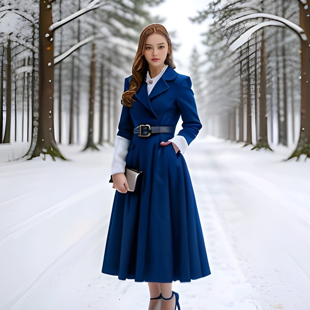 in a blue coat and dress standing in the snow