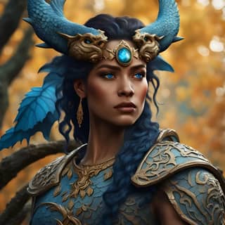 with blue hair and horns in the woods