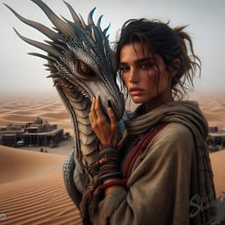 in a desert holding a dragon