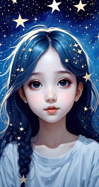 a girl with blue hair and stars on her face